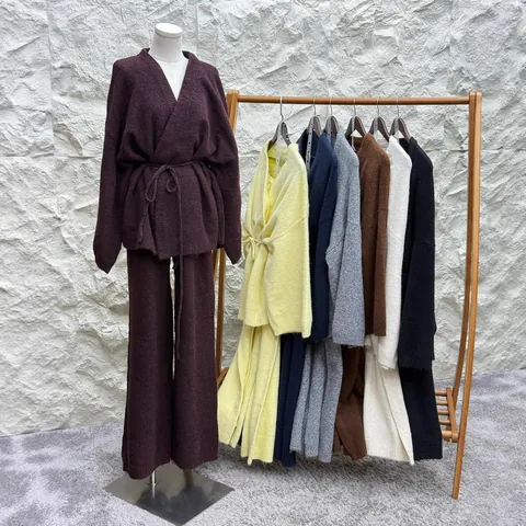 Women Ribbed Knit Top And Bottom Set V Neck Waist Tie Long Sleeve Sweater And Wide Leg Pants Casual Autumn Loungewear Suit