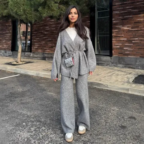 Women Ribbed Knit Top And Bottom Set V Neck Waist Tie Long Sleeve Sweater And Wide Leg Pants Casual Autumn Loungewear Suit