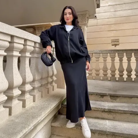 Women Denim Style Two Piece Set Casual Zipper Long Sleeve Top And Mermaid Midi Skirt Solid Color Polyester Spandex Outfit