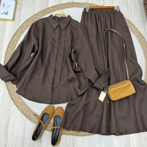 Women Casual Top And Bottom Solid Color Long Sleeve Button Down Shirt And High Waist Midi Skirt Set Spring Autumn Fashion Outfit