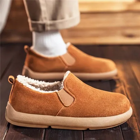 Winter Warm Faux Suede Slip-On Men's Snow Boots With Thickened Faux Fur Lining Vintage Birkenstock Style Casual Outdoor Loafers