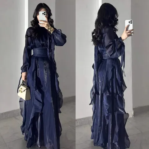 Women Elegant Satin Pleated Ruffle Maxi Dress Long Lantern Sleeve A-Line Slim Fit Evening Gown For Banquet Party Daily