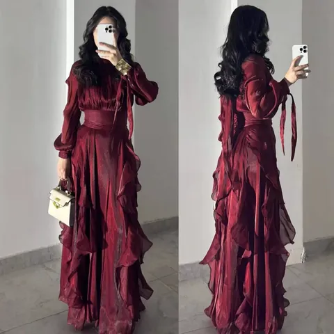 Women Elegant Satin Pleated Ruffle Maxi Dress Long Lantern Sleeve A-Line Slim Fit Evening Gown For Banquet Party Daily