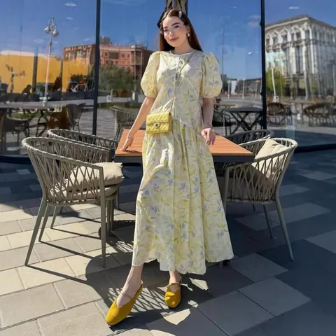 Vestito Midi da Donna con Stampa Floreale Maniche a Sbuffo Girocollo Linea A Elegante Poliestere Vestito Estivo Party