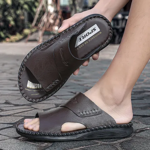 Men Casual Beach Slides Microfiber Leather Hand-stitched Anti-slip Soft Sole Sandals For Summer Outdoor Wear Large Size Slippers
