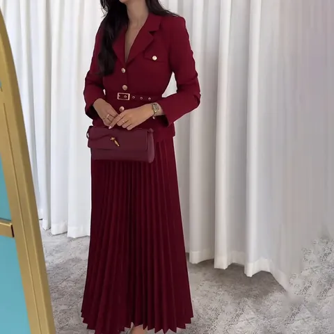 Conjunto Elegante Mujer Blazer De Solapa Y Falda Plisada Top Y Bottom Manga Larga Oficina Otoño Color Sólido Con Cinturón