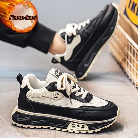 Zapatillas Chunky de Moda para Hombre Cuero Forro Polar Invierno Cálido Suela Gruesa Deporte Casual Daddy Shoes Estilo Coreano Tendencia Transpirable Cómodo Calzado al Aire Libre