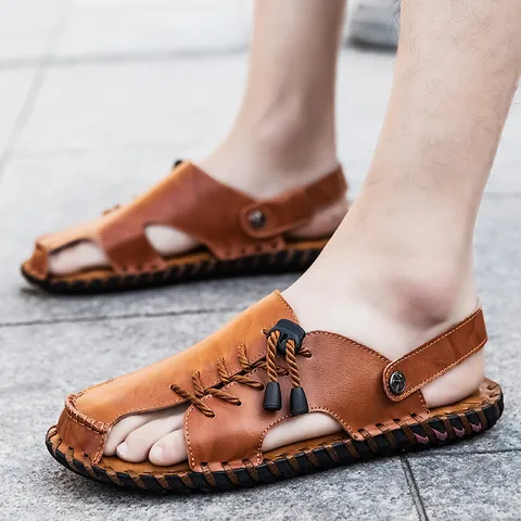 Sandali da Spiaggia Doppio Uso Casual Outdoor da Uomo Cucito a Mano Punta Chiusa Microfibra Suola in Gomma Scarpe da Scoglio