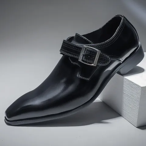 Men Business Monk Strap Leather Shoes Vintage Square Toe Patent Leather Formal Dress Shoes Breathable Casual Single Shoes