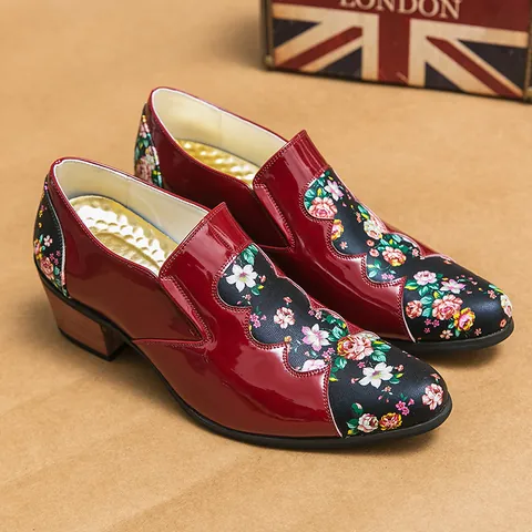 Men Floral Patent Leather Dress Shoes Ethnic Pointed Toe Height Increasing Fashion Casual Office Oxford Shoes For Men Big Size