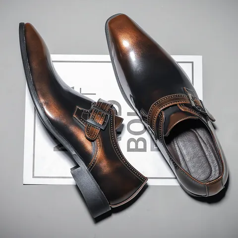 Men Business Monk Strap Leather Shoes Vintage Square Toe Patent Leather Formal Dress Shoes Breathable Casual Single Shoes