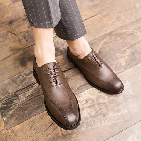 Men Pointed Toe Brogue Business Casual Dress Shoes Polished PU Leather Lace-up Formal Oxford Derby Shoes for Office Work