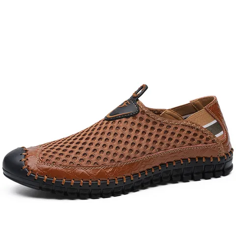 Damen Sommer Atmungsaktiv Mesh Freizeitschuhe Leder Patchwork Handgenäht Slipper Slip-On Große Größe Laufschuhe Flach Für Herren
