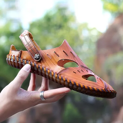 Sandalias Casuales de Cuero para Hombre con Punta Cerrada Verano Caladas Costura a Mano Pantuflas de Playa Sandalias de Doble Uso para Hombre Tallas Grandes Zapatos de Diario