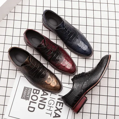 Herren Britischer Stil Business Formelle Lederschuhe Retro Krokodil Prägung Schnürschuhe Derby Spitze Zehe Hochzeit Schuhe