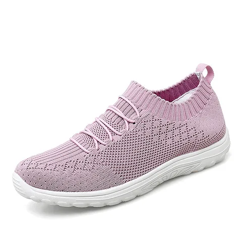 Women Flyknit Mesh Sneakers Breathable Slip On Running Shoes Lightweight Flat Casual Walking Shoes Solid Color Student Sports Shoes