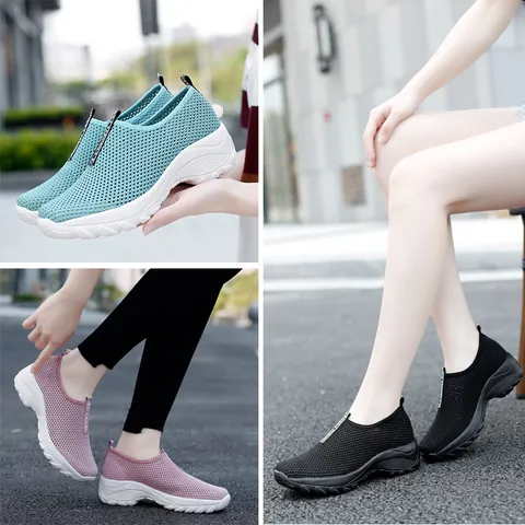 Women's Casual Flyknit Mesh Sneakers Thick Sole Wedge Height Increasing Breathable Slip-On Walking Shoes Fashion Spring Summer Footwear