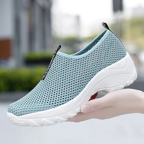 Women's Casual Flyknit Mesh Sneakers Thick Sole Wedge Height Increasing Breathable Slip-On Walking Shoes Fashion Spring Summer Footwear