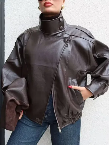 Women Casual PU Leather Jacket Stand Collar Long Sleeve Solid Color Winter Outerwear Streetwear Fashion Zip Up Coat