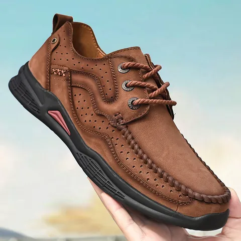 Heren Eerste Laag Koeienhuid Outdoor Casual Leren Schoenen Ademend Uitgeholde Geperforeerde Dikke Zool Wandelen Wandelschoenen Veterschoenen