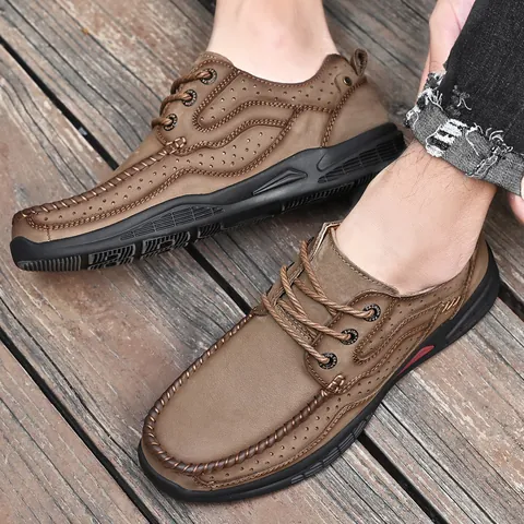 Heren Eerste Laag Koeienhuid Outdoor Casual Leren Schoenen Ademend Uitgeholde Geperforeerde Dikke Zool Wandelen Wandelschoenen Veterschoenen