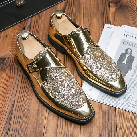Men's British Style Business Formal Leather Shoes Shiny Gold Black Sequin Monk Strap Slip-on Oxford Dress Shoes For Wedding Party