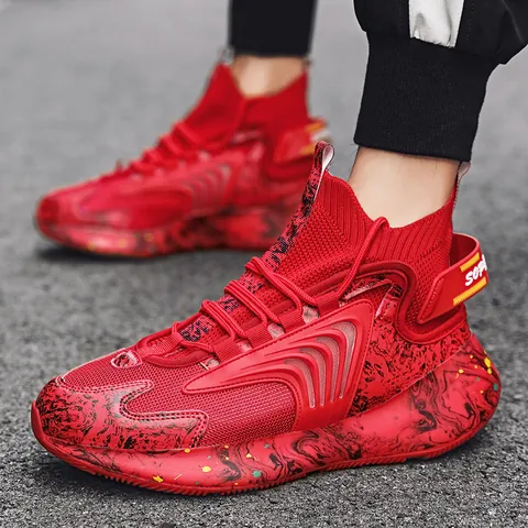 Heren High Top Basketbal Schoenen Mode Sneakers Ademend Mesh Spat Patroon Dikke Zool Casual Trendy Sport Schoenen