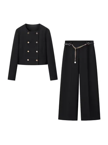 Dames Polyester Blazer Broek Set Double Breasted Kort Jasje Met Kettingriem Wijde Pijpen Enkelbroek Casual Pak Top And Bottom