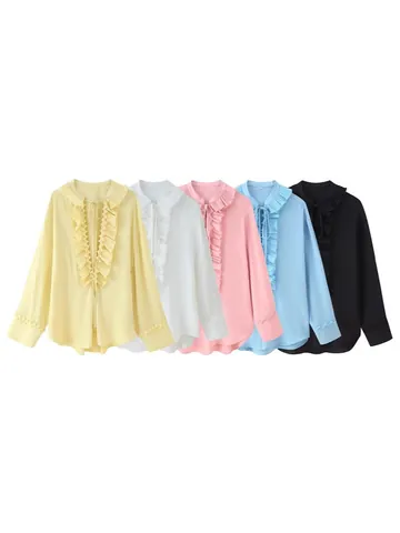Women V-Neck Ruffle Chiffon Blouse Top Elegant Casual Long Sleeve Pleated Polyester Shirt High Sense Urban Fashion Top