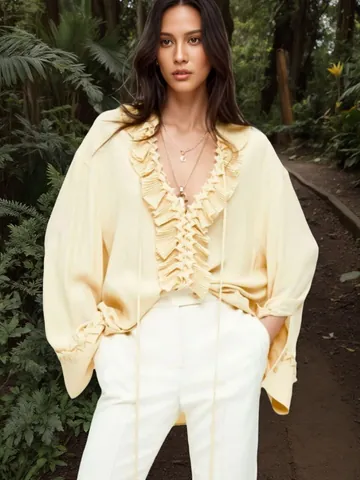 Women V-Neck Ruffle Chiffon Blouse Top Elegant Casual Long Sleeve Pleated Polyester Shirt High Sense Urban Fashion Top