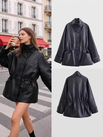 Women Faux Leather Jacket Long Sleeve High Neck Adjustable Waist Drawstring Black Oversized Biker Coat Autumn Winter Outwear