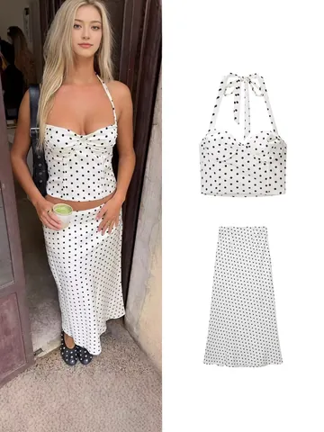 Women Polka Dot Halter Top And Midi Skirt Set European Fashion Sleeveless Vacation Outfit Two Piece Clothing