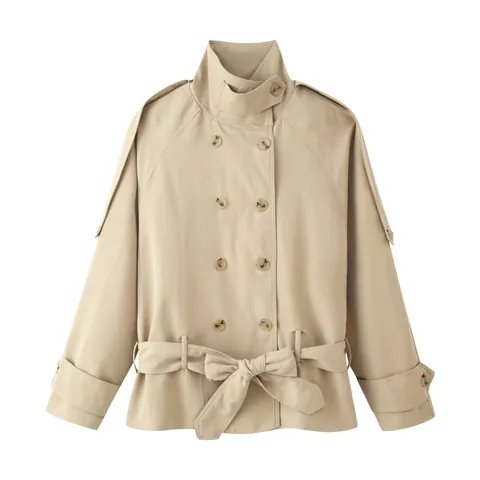 Women's Fashion Khaki Trench Coat Elegant Double-Breasted Stand Collar Short Windbreaker With Waist Belt For Casual Office