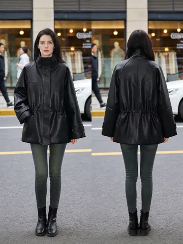 Women Faux Leather Jacket Long Sleeve High Neck Adjustable Waist Drawstring Black Oversized Biker Coat Autumn Winter Outwear