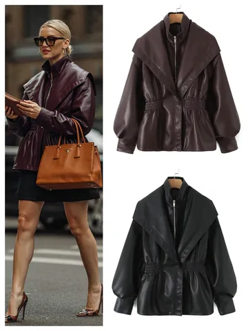 Women Fashion Faux Leather Jacket European Style Lapel Lantern Sleeve Zipper PU Leather Coat Elastic Waist Short Top Outerwear