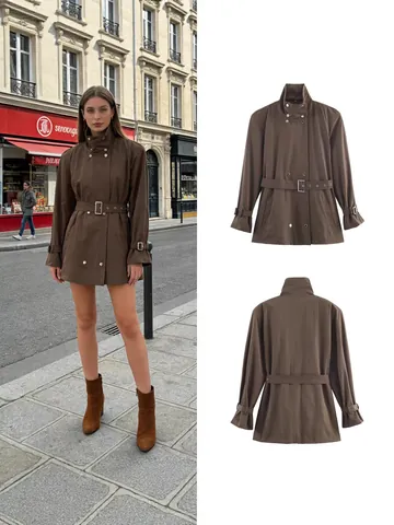Women Fashion High Neck Trench Coat With Belt Double Breasted Windbreaker Jacket Short Style Solid Olive Brown Outerwear