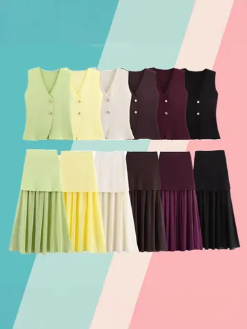 Conjunto de Falda Plisada y Chaleco de Punto Estilo Europeo para Mujer Botones Dorados Top sin Mangas y Falda