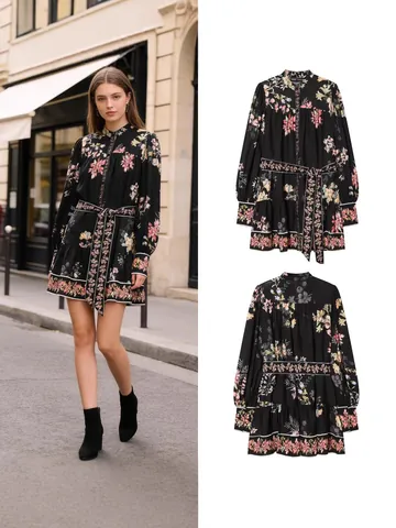Women's Vintage Paisley Floral Print Long Sleeve Mini Dress With Tie Waist Bohemian Style V-Neck Button Down Shirt Dress Spring Fashion