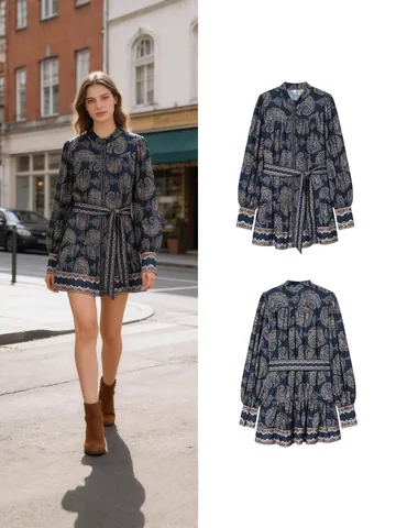 Women's Vintage Paisley Floral Print Long Sleeve Mini Dress With Tie Waist Bohemian Style V-Neck Button Down Shirt Dress Spring Fashion