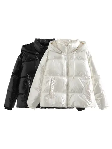 Women's Metallic Shiny Hooded Padded Jacket Loose Fit Streetwear Winter Warm Cotton Coat With Drawstring Zippered Pocket