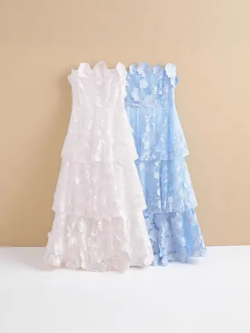 Women Strapless Tiered Maxi Dress 3D Floral Applique Sleeveless Summer Long Dress Elegant Bodycon Party Gown