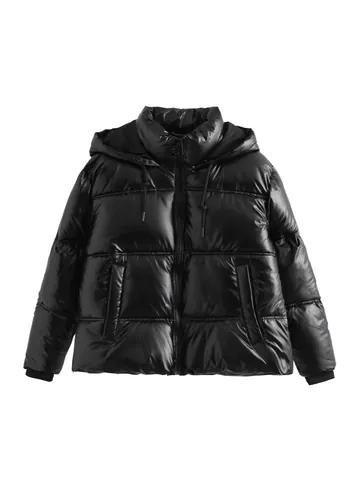 Women's Metallic Shiny Hooded Padded Jacket Loose Fit Streetwear Winter Warm Cotton Coat With Drawstring Zippered Pocket