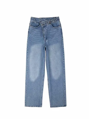 Women's Asymmetric Crossover Waist Wide Leg Jeans Retro Washed Mid Rise Polyester Denim Style Pants Casual Commuter Bottoms