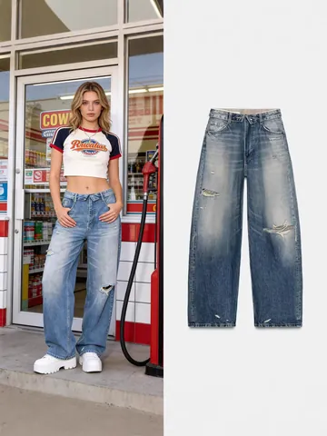 Women's European Style Distressed Jeans Fold Over Waist Wide Leg Denim Trousers Light Blue Spring Streetwear For Ladies