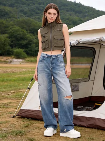 Women's European Style Distressed Jeans Fold Over Waist Wide Leg Denim Trousers Light Blue Spring Streetwear For Ladies