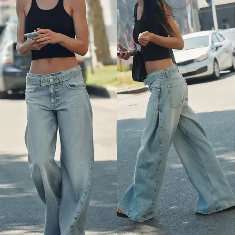 Women High Waist Straight Jeans Casual Light Blue Denim Wide Leg Pants Streetwear Patchwork Washed Fashion Trousers