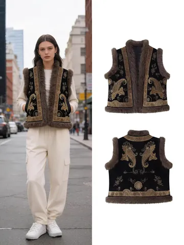Women Ethnic Beaded Embroidery Vest Faux Fur Trim Vintage Sleeveless Waistcoat Bohemian Open Front Streetwear Polyester Top