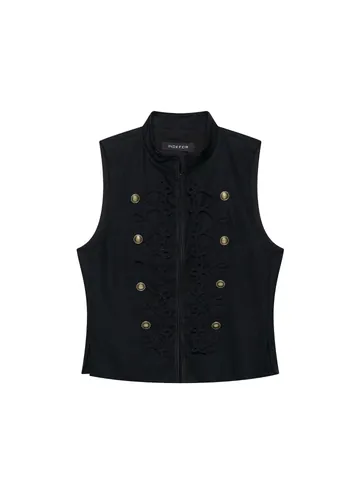 Women Slim Fit Black Vest Top Retro Military Style Frogging Antique Copper Buttons Stand Collar Polyester Sleeveless Top