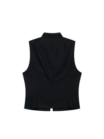 Women Slim Fit Black Vest Top Retro Military Style Frogging Antique Copper Buttons Stand Collar Polyester Sleeveless Top