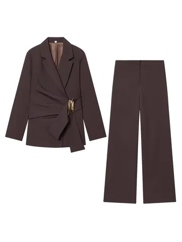 Conjunto de Blazer y Pantalón de Poliéster de Estilo Europeo para Mujer Color Sólido Pliegues en la Cintura Decoración de Hebilla Top And Bottom Traje Casual de Oficina